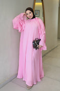 Rania Pleated Tie Neck Flare Sleeve Abaya-Pink