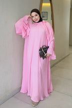 Rania Pleated Tie Neck Flare Sleeve Abaya-Pink