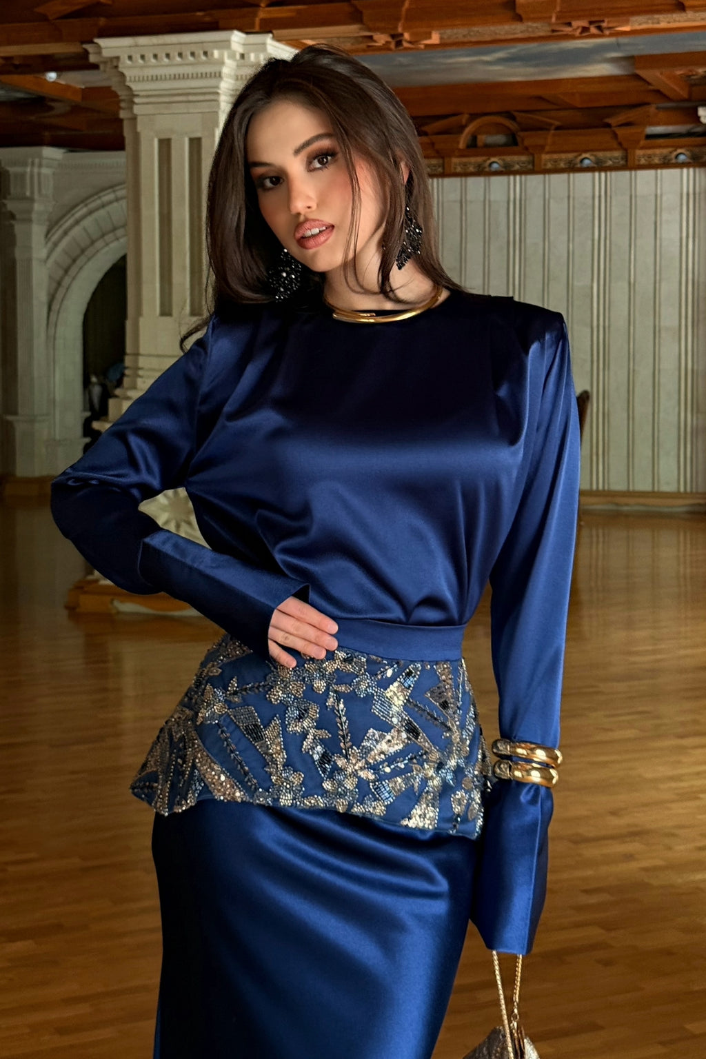 Sage Navy Satin Beaded Two Piece Set