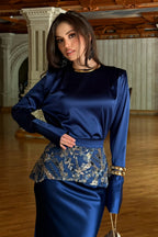 Sage Navy Satin Beaded Two Piece Set