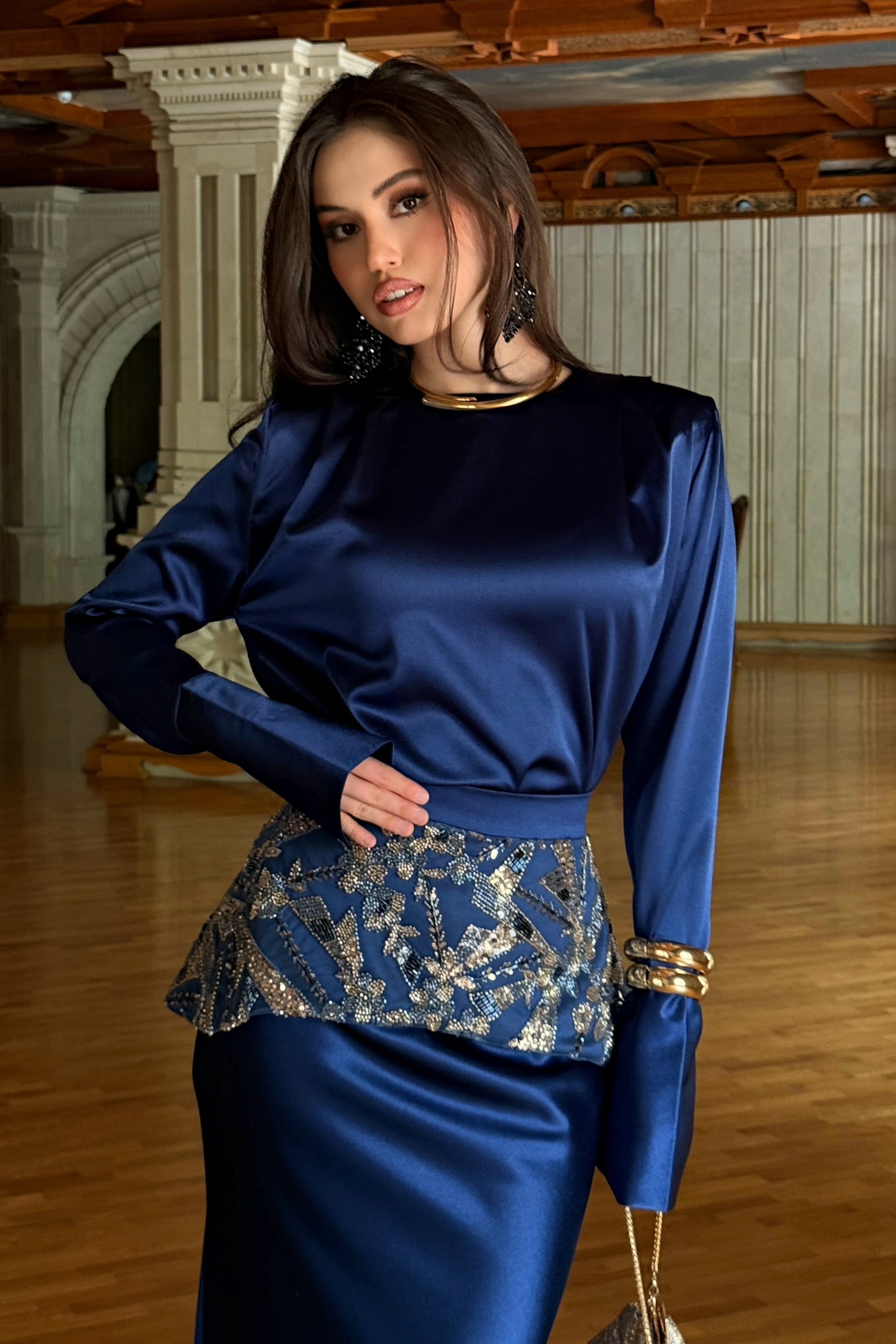 Sage Navy Satin Beaded Two Piece Set