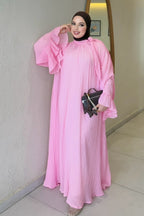 Rania Pleated Tie Neck Flare Sleeve Abaya-Pink