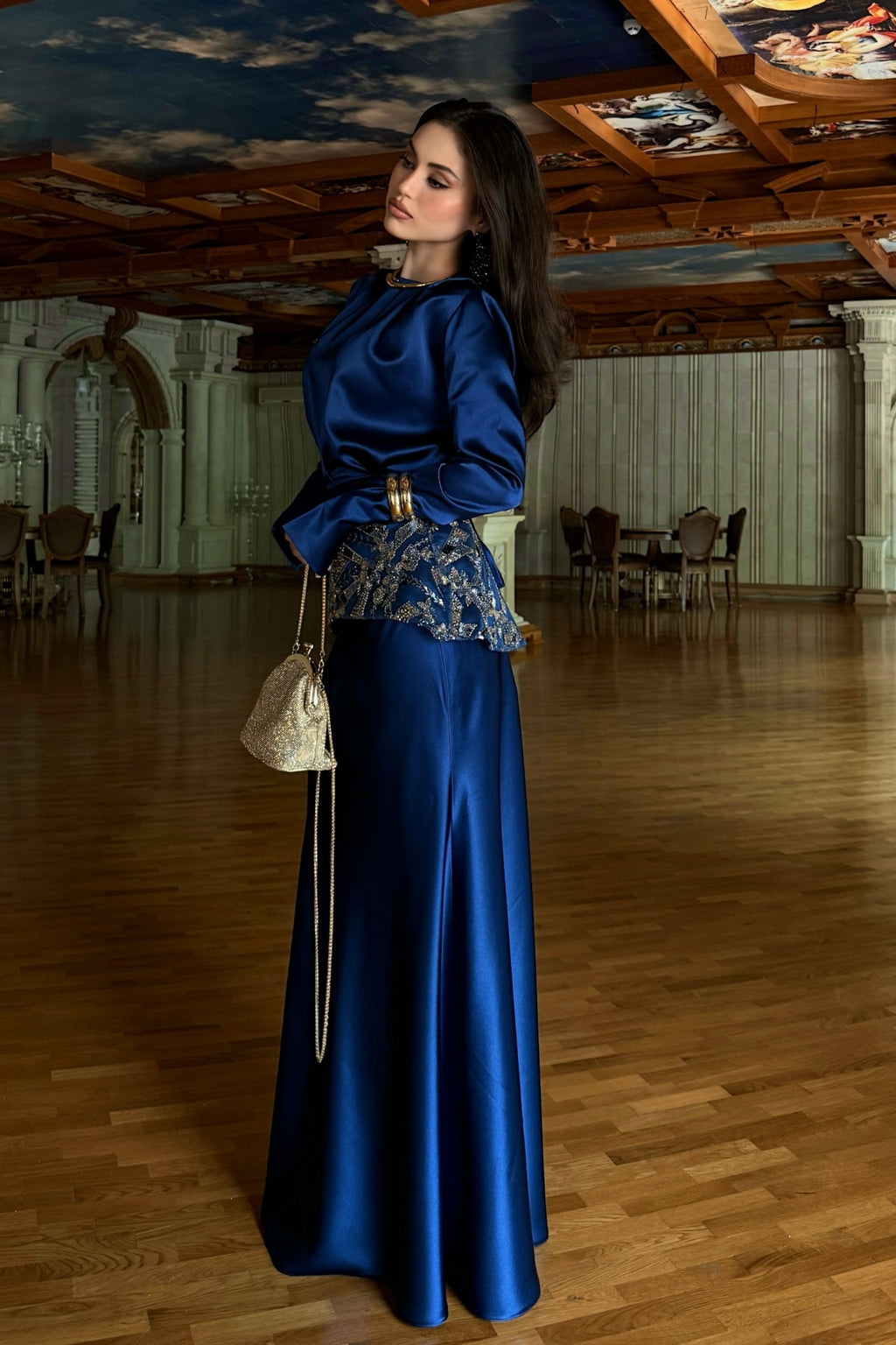 Sage Navy Satin Beaded Two Piece Set