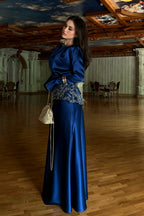 Sage Navy Satin Beaded Two Piece Set