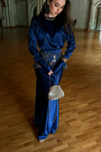 Sage Navy Satin Beaded Two Piece Set
