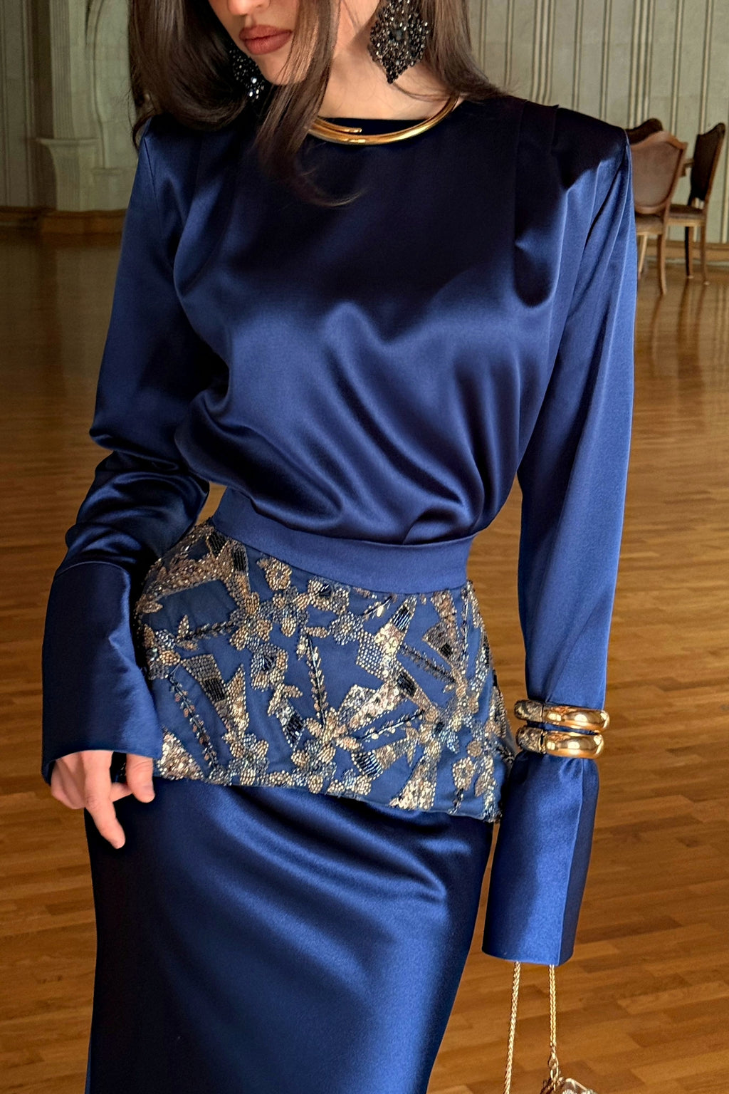 Sage Navy Satin Beaded Two Piece Set
