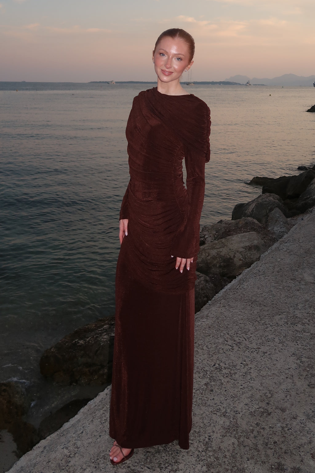 Elena Draped Ruched Long Sleeve Maxi Dress