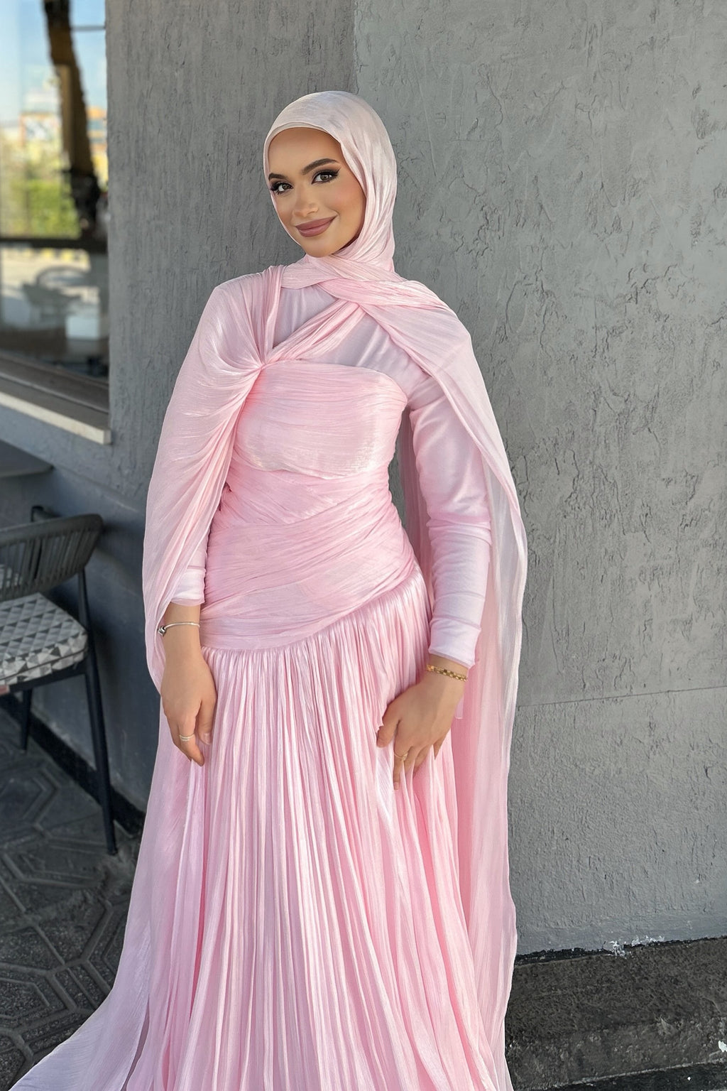 Maya Cross Neck Pleated Cape Maxi Dress