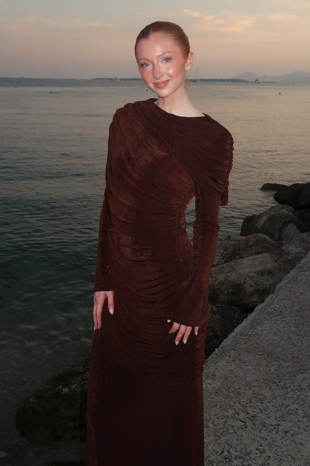Elena Draped Ruched Long Sleeve Maxi Dress