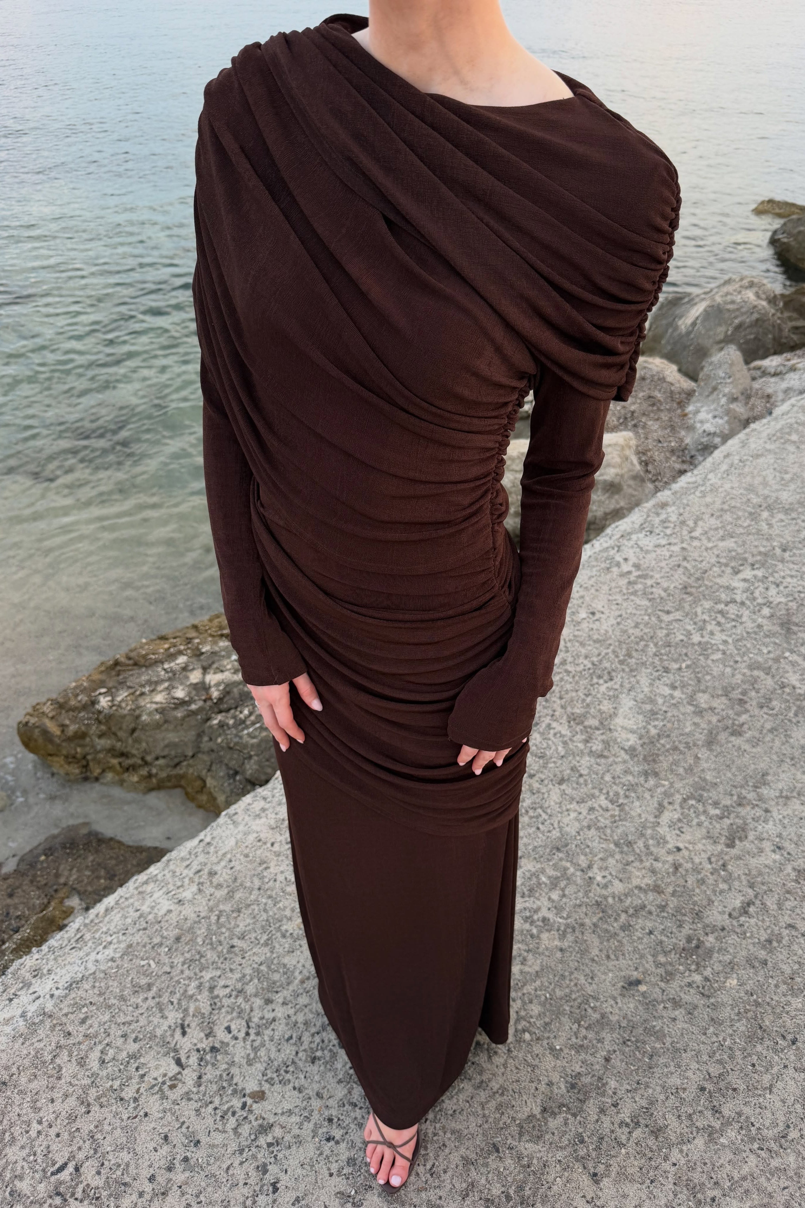 Elena Draped Ruched Long Sleeve Maxi Dress