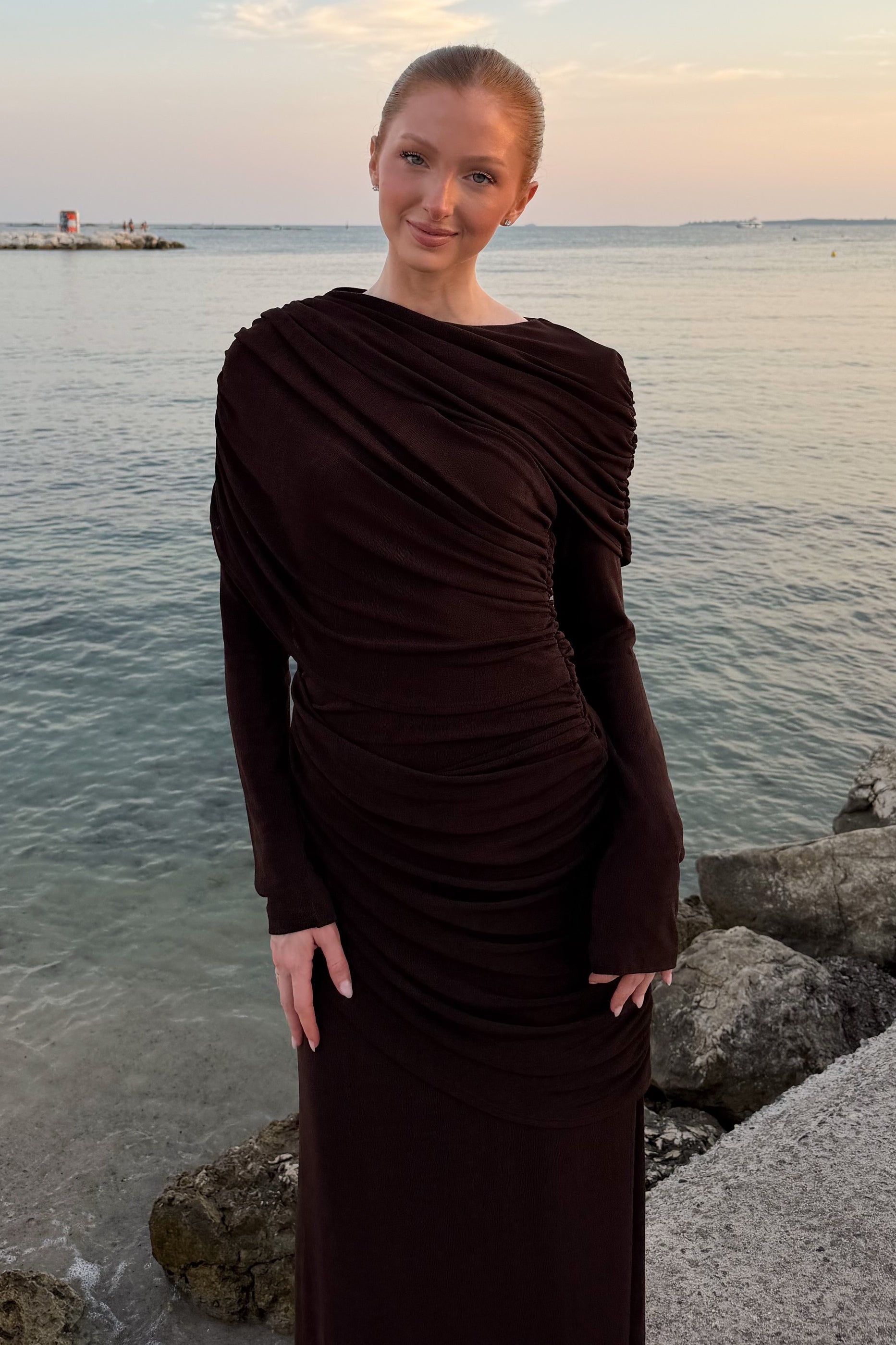 Elena Draped Ruched Long Sleeve Maxi Dress