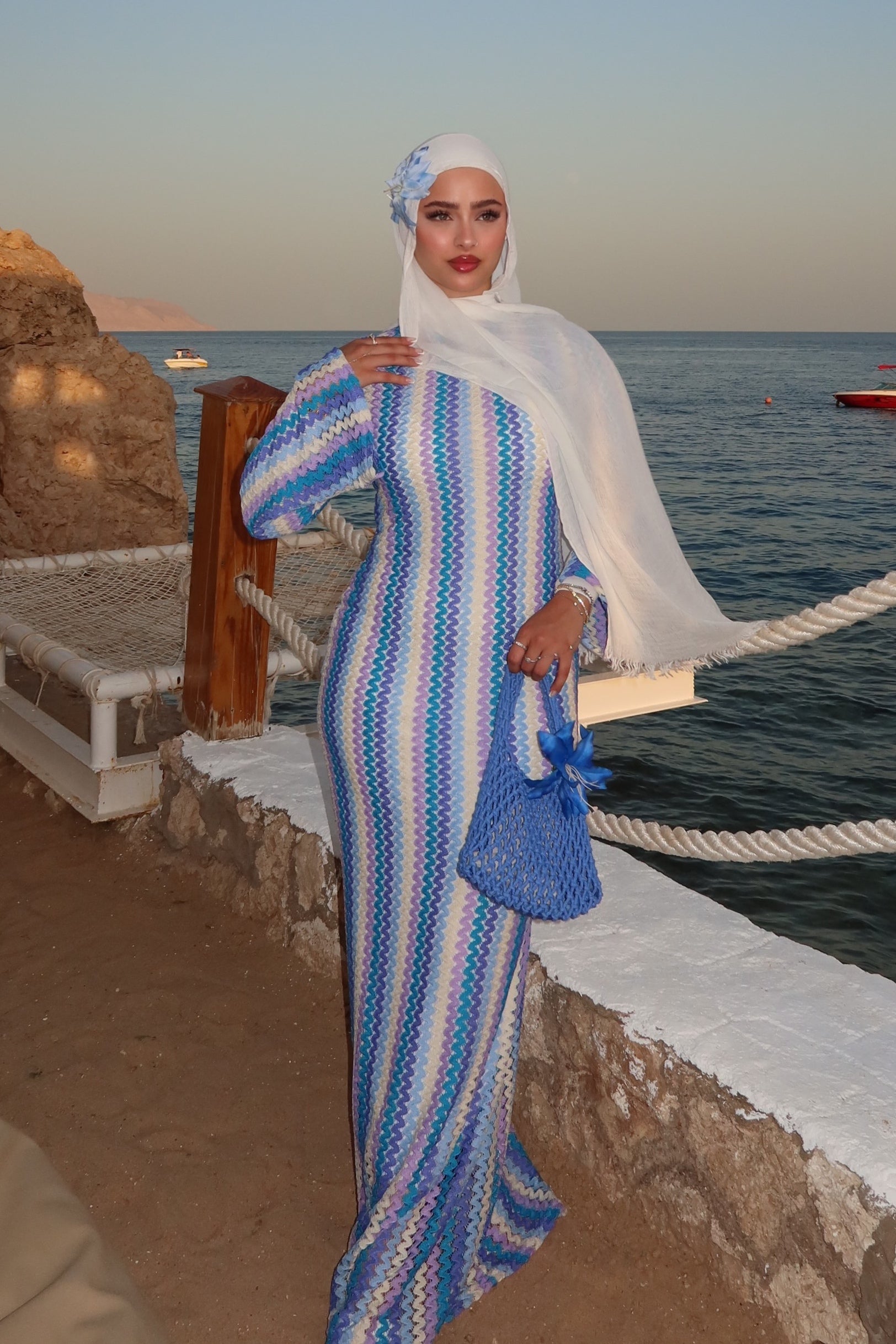 Liora Striped Knit Flare Maxi Dress-Blue