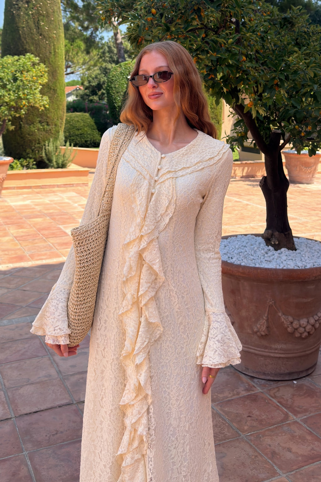 Zaral Ruffle Lace Flare Sleeve Maxi Dress