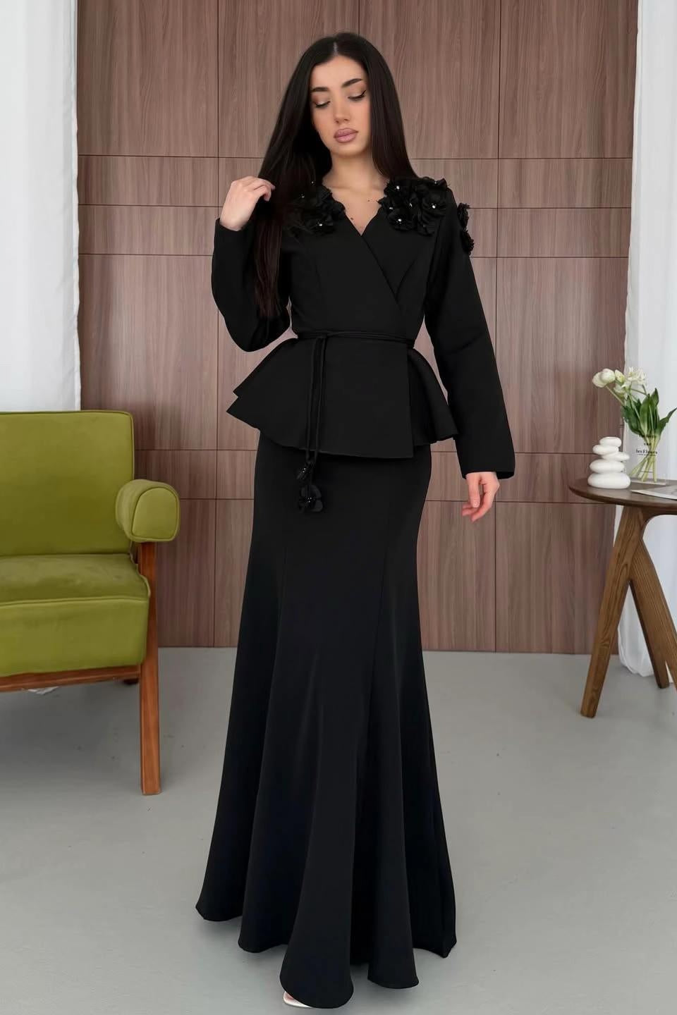 Sara Floral Peplum Wrap Skirt Co-ord-Black