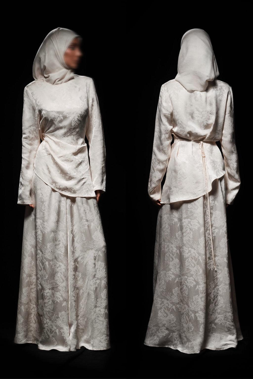 Mara Floral Satin Three‑Piece Abaya Suit-White