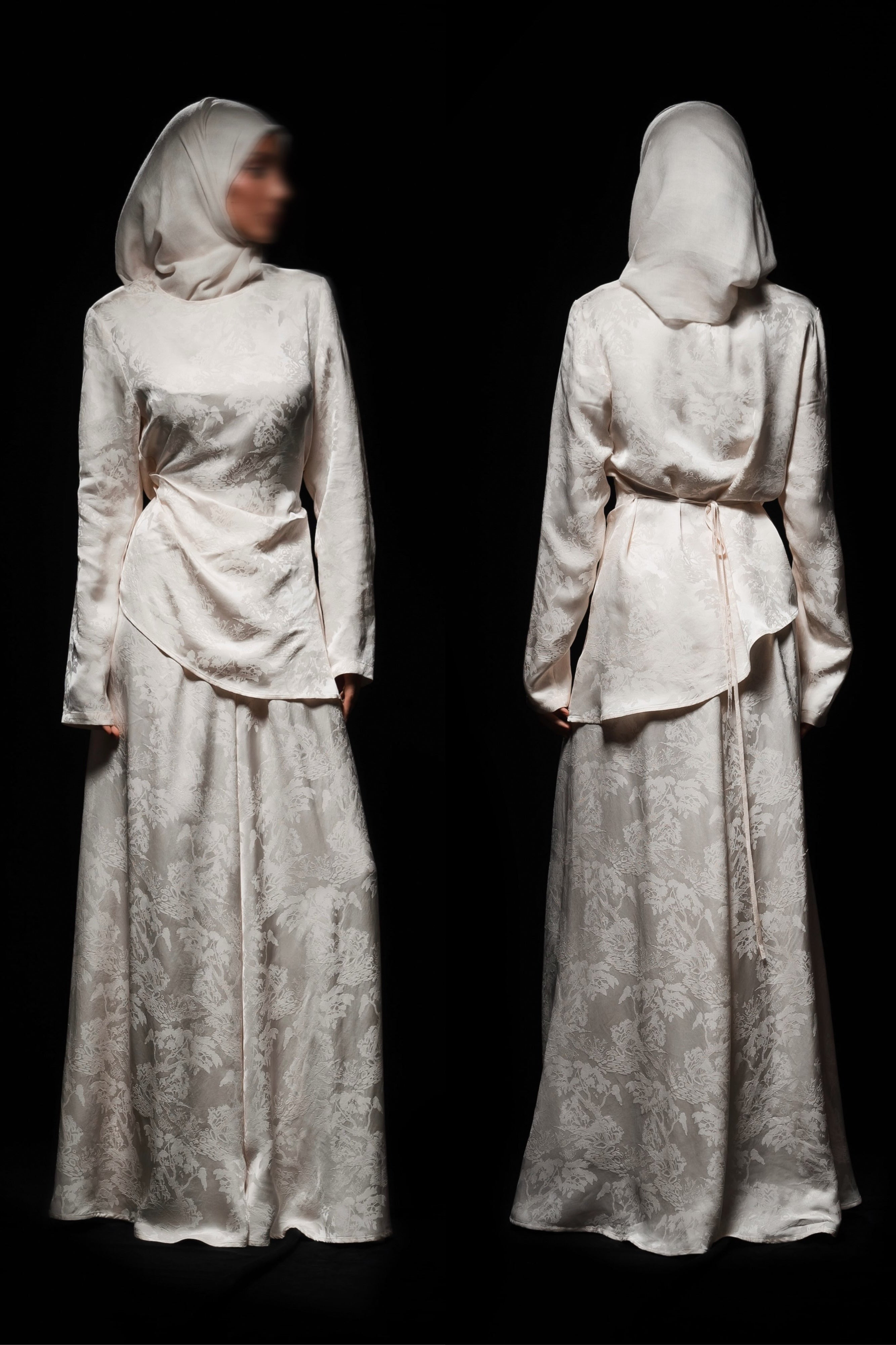 Mara Floral Satin Three‑Piece Abaya Suit-White