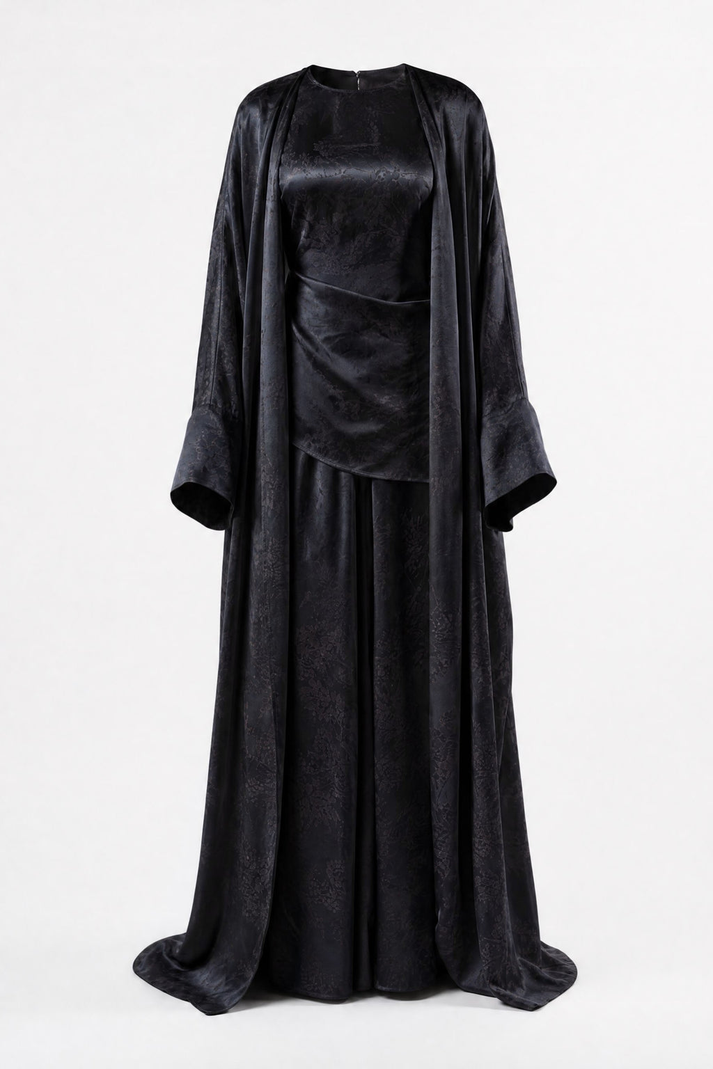 Mara Floral Satin Three‑Piece Abaya Suit-Black