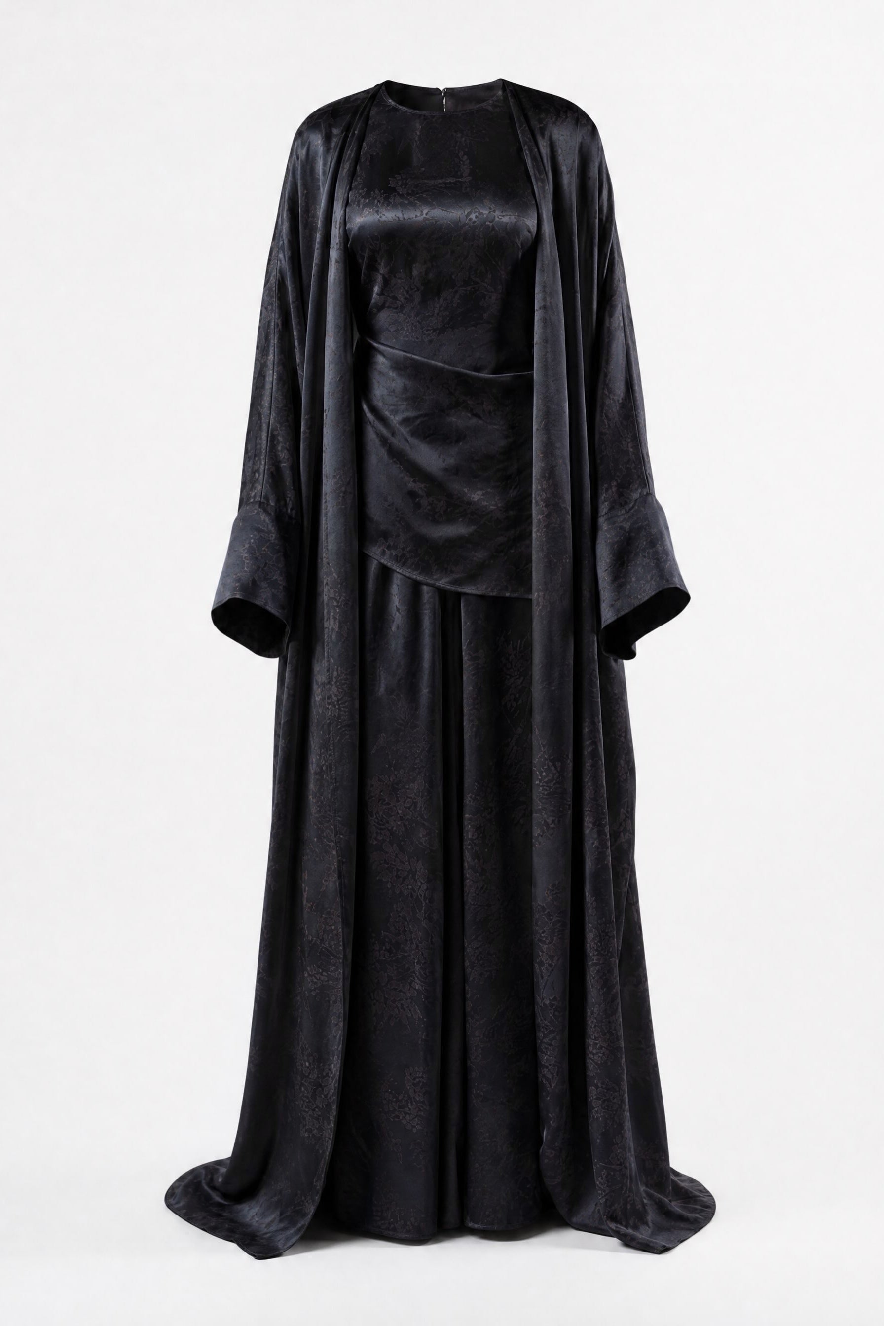 Mara Floral Satin Three‑Piece Abaya Suit-Black