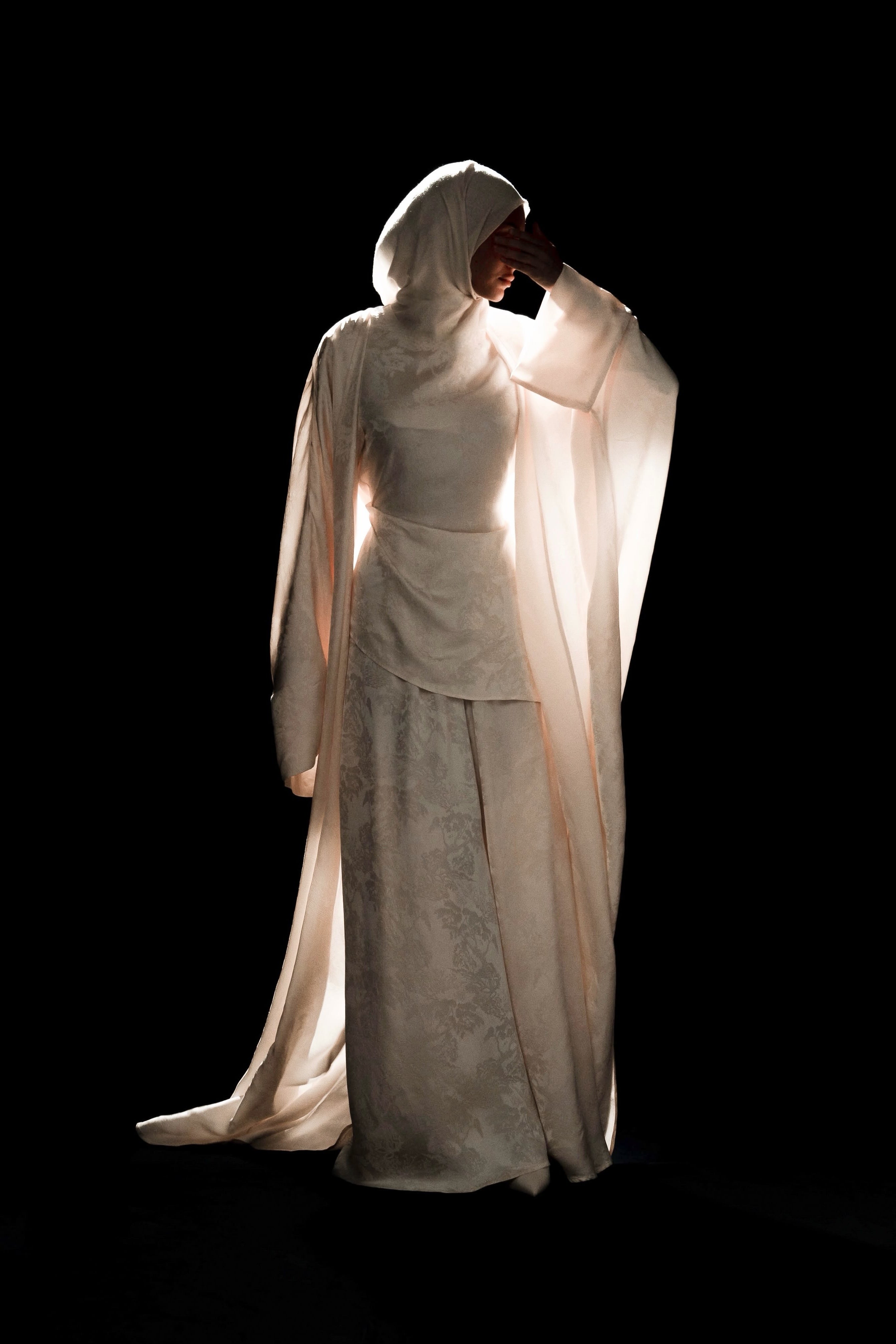 Mara Floral Satin Three‑Piece Abaya Suit-White