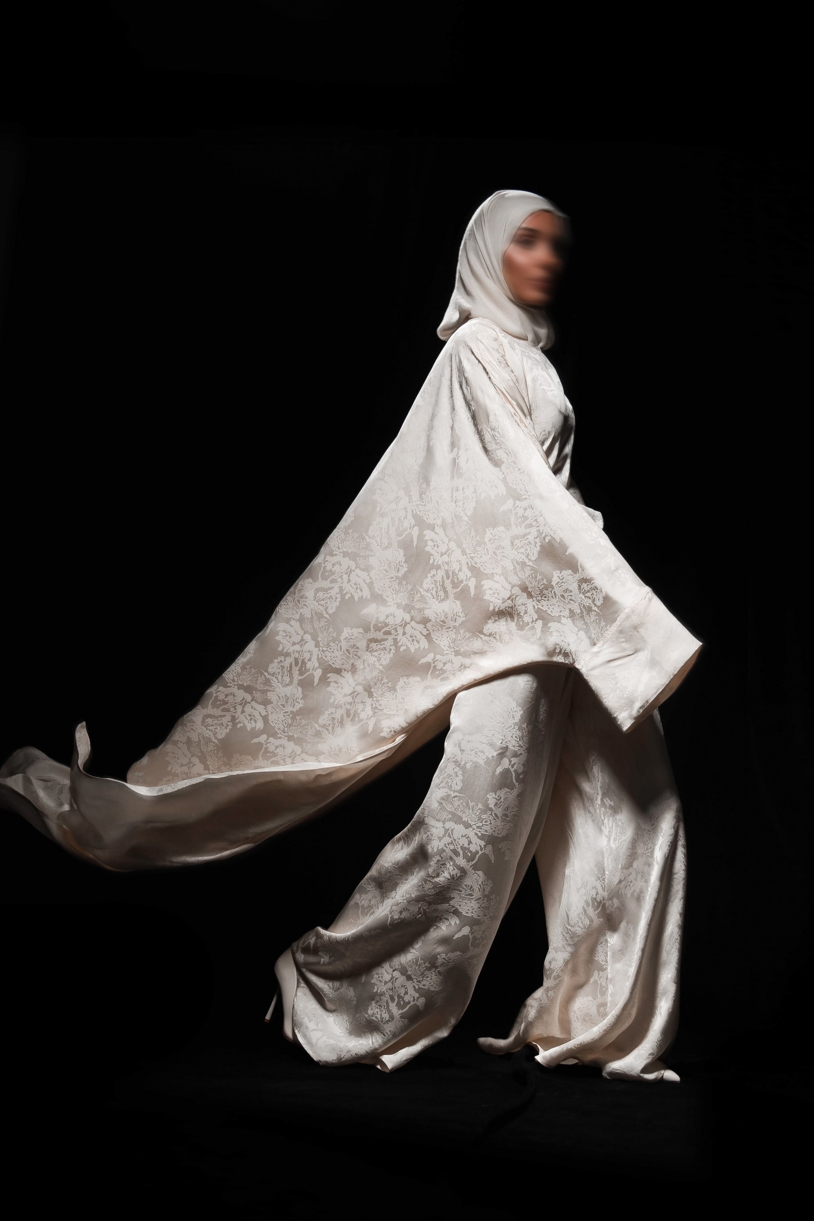 Mara Floral Satin Three‑Piece Abaya Suit-White