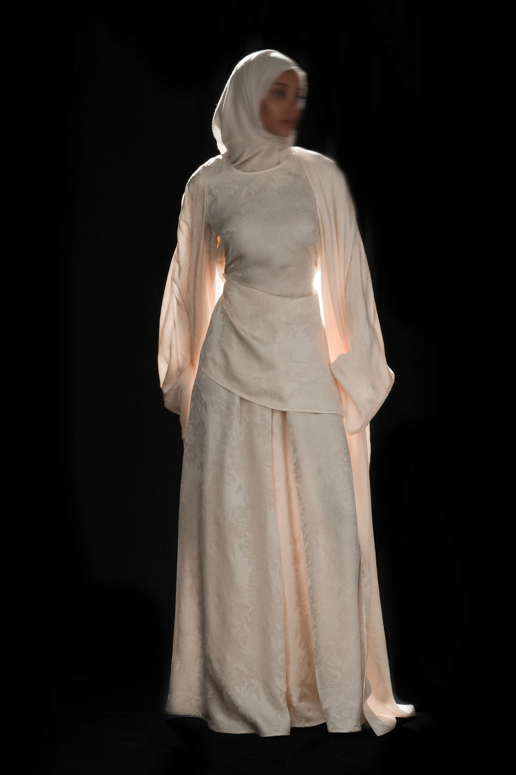Mara Floral Satin Three‑Piece Abaya Suit-White