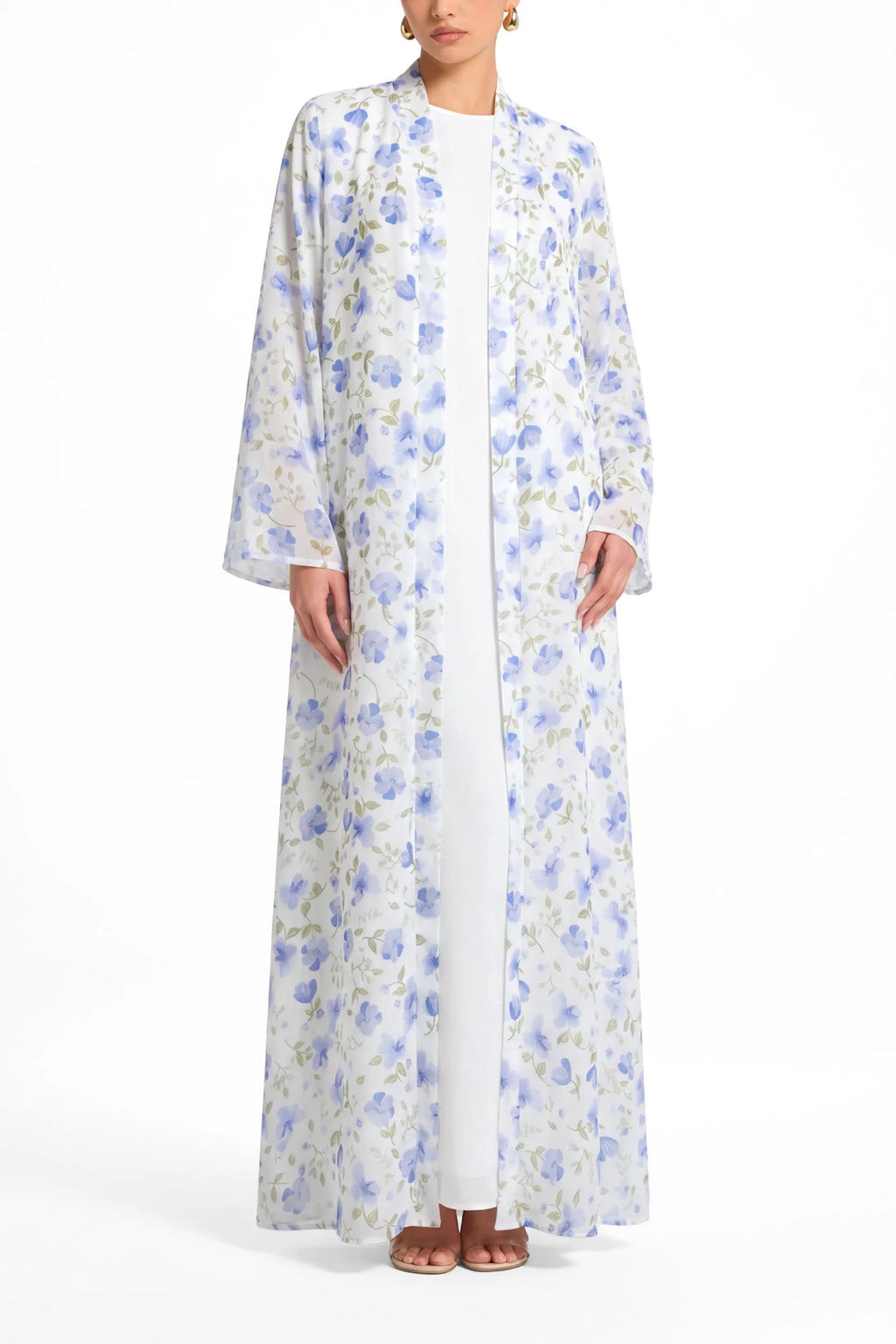 Floral Print Open Abaya & Matching Hijab Two-Piece Set-Blue