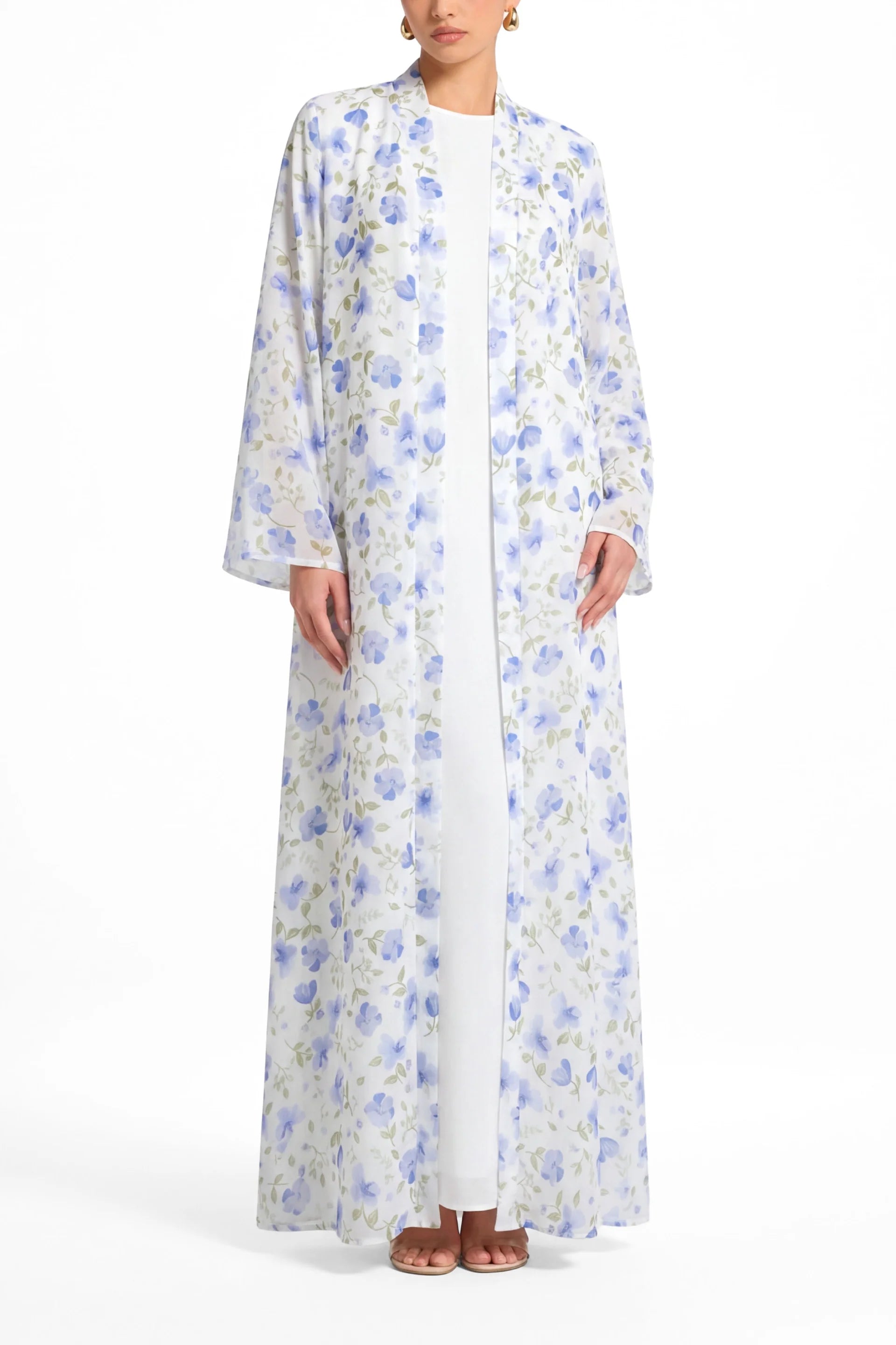 Floral Print Open Abaya & Matching Hijab Two-Piece Set-Blue