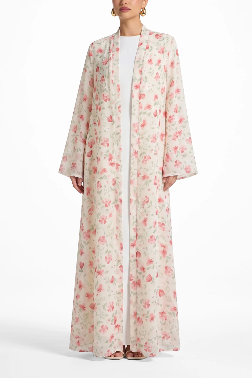 Floral Print Open Abaya & Matching Hijab Two-Piece Set-Pink
