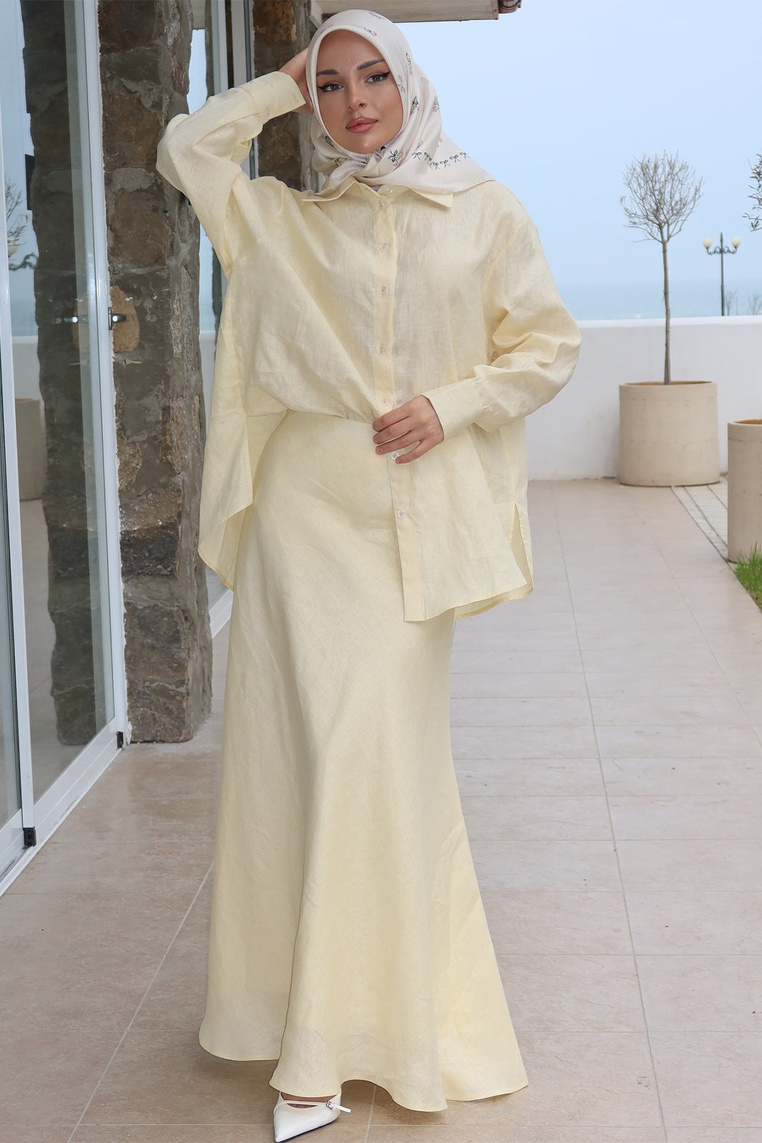 Aisha Tie Waist Linen Shirt Mermaid Two Piece-Yellow