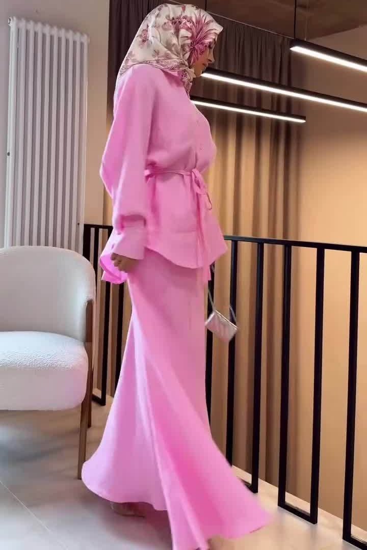 Aisha Tie Waist Linen Shirt Mermaid Two Piece-Pink