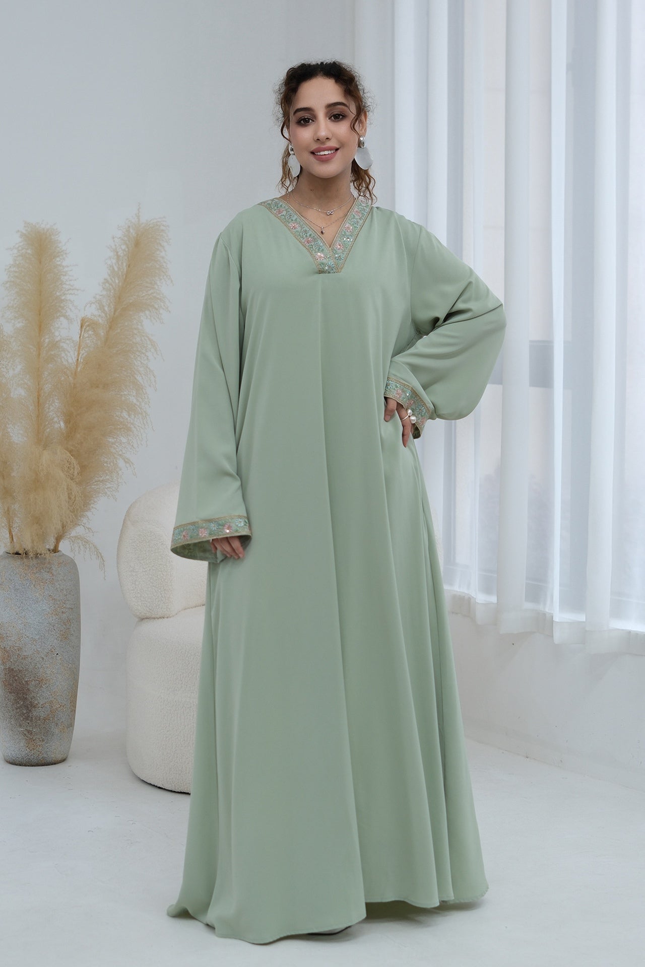 Elara Embroidered Belted V Neck Abaya-Green