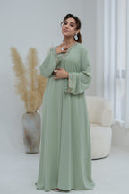 Elara Embroidered Belted V Neck Abaya-Green