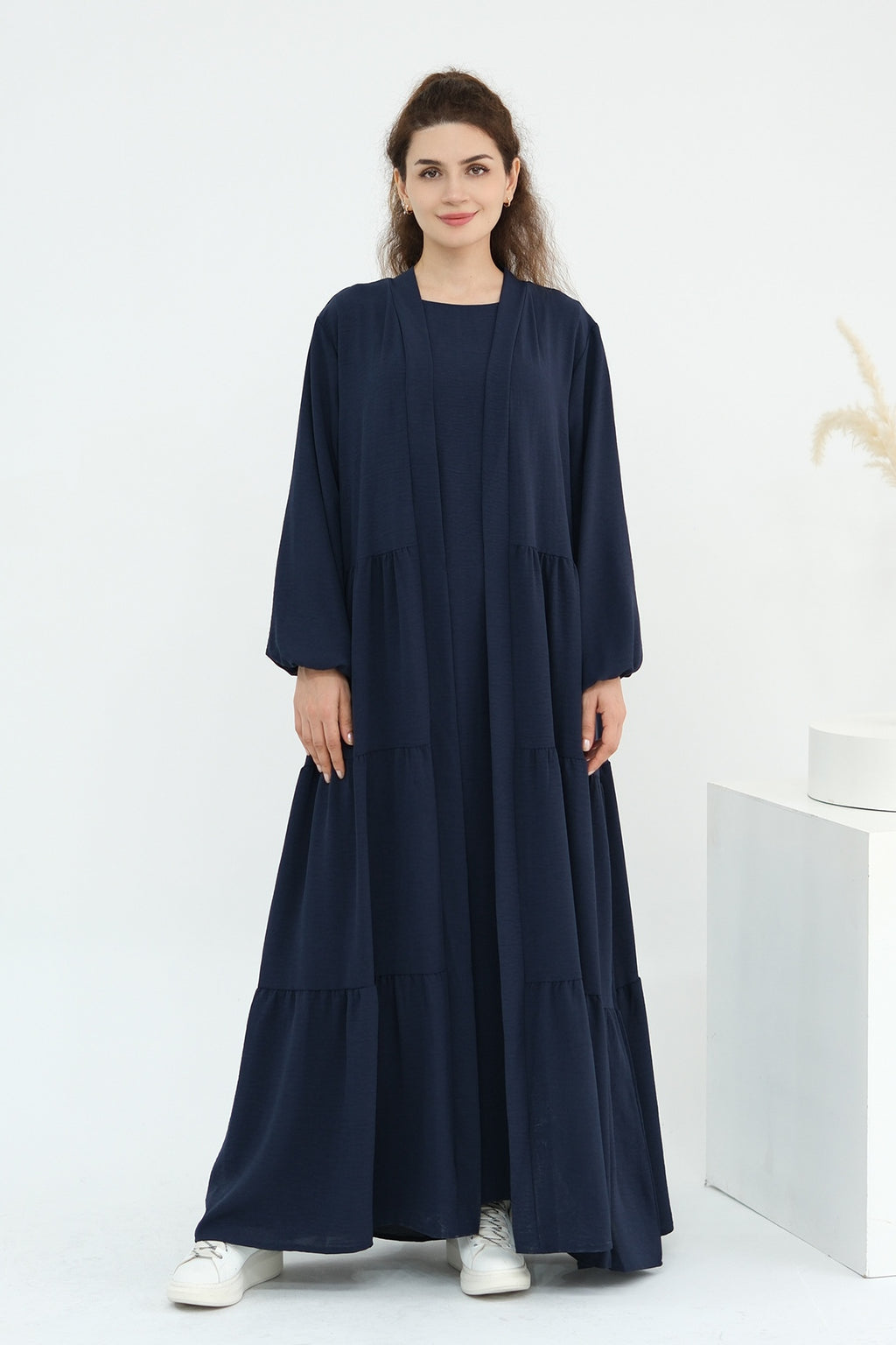Hazel Tiered Dress And Open Outer Coat Set-DarkBlue
