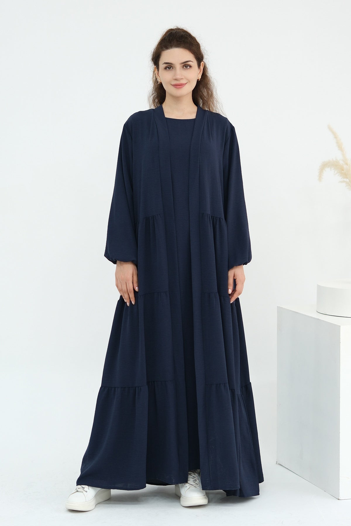 Hazel Tiered Dress And Open Outer Coat Set-DarkBlue