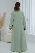 Elara Embroidered Belted V Neck Abaya-Green