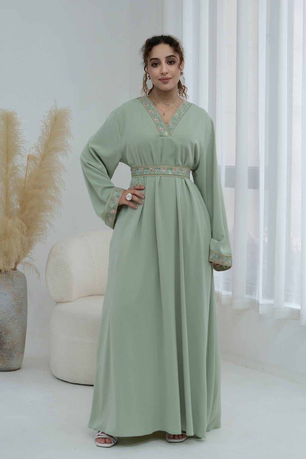 Elara Embroidered Belted V Neck Abaya-Green