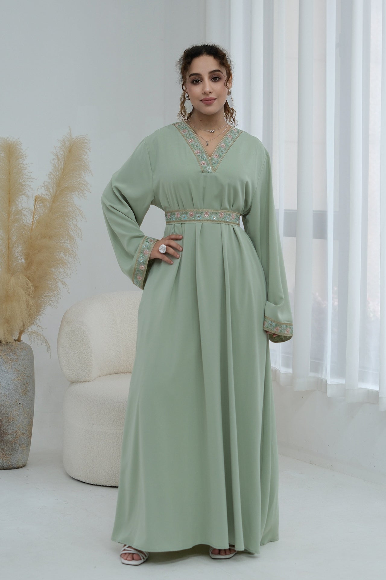 Elara Embroidered Belted V Neck Abaya-Green
