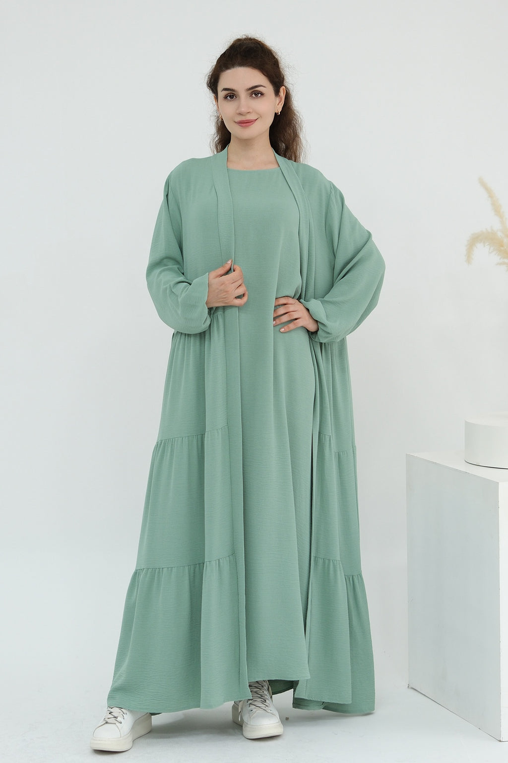 Hazel Tiered Dress And Open Outer Coat Set-Green
