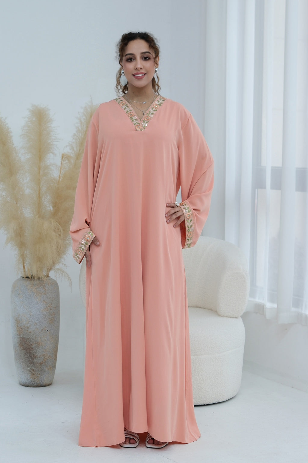 Elara Embroidered Belted V Neck Abaya-Pink