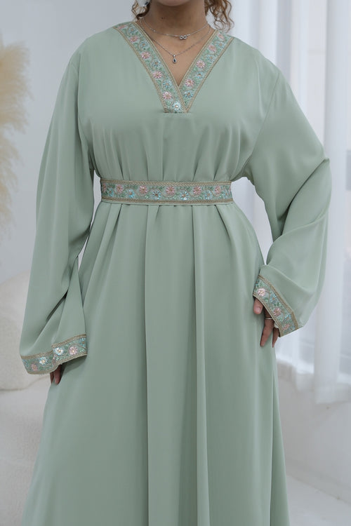 Elara Embroidered Belted V Neck Abaya-Green