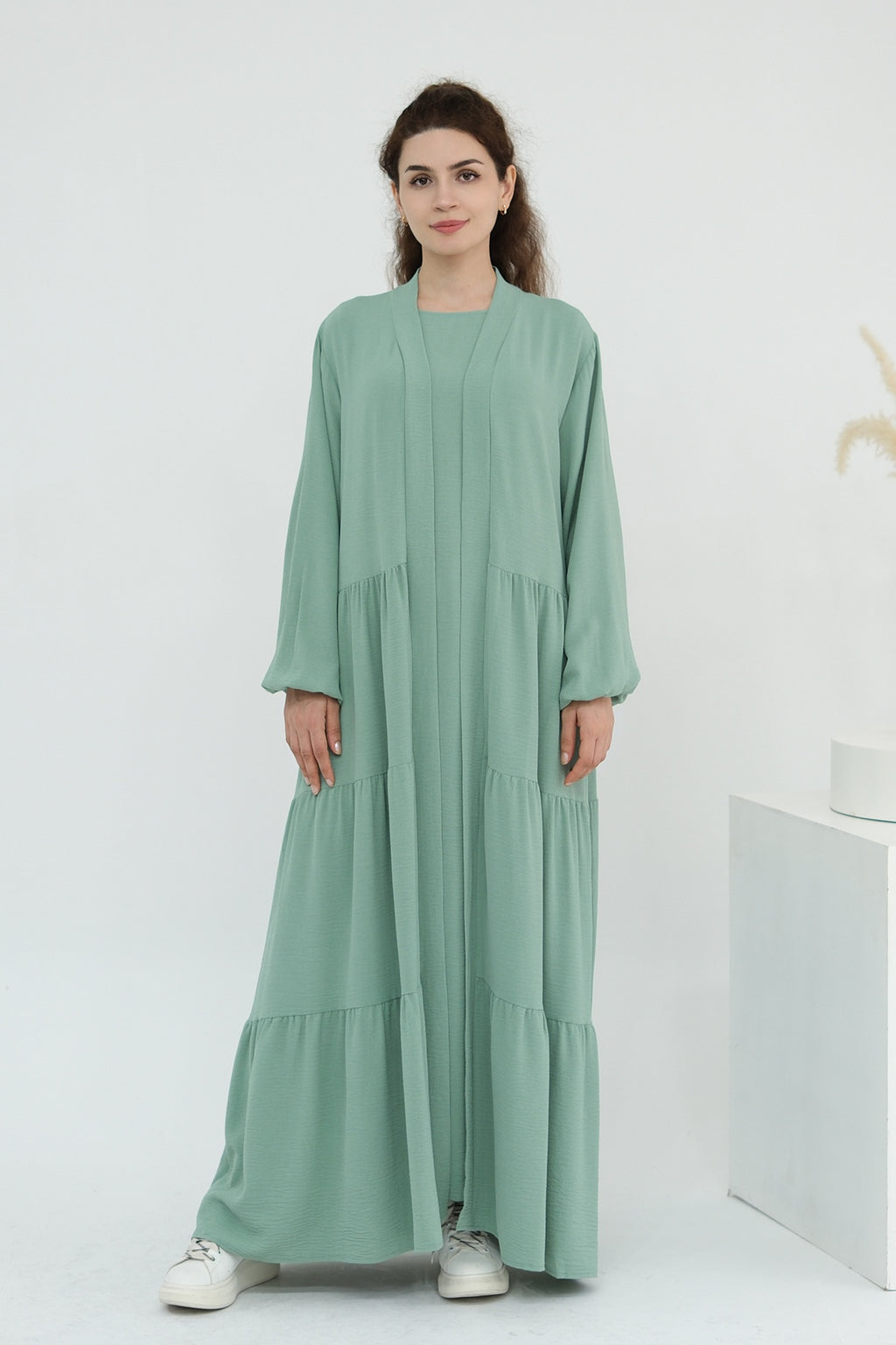 Hazel Tiered Dress And Open Outer Coat Set-Green