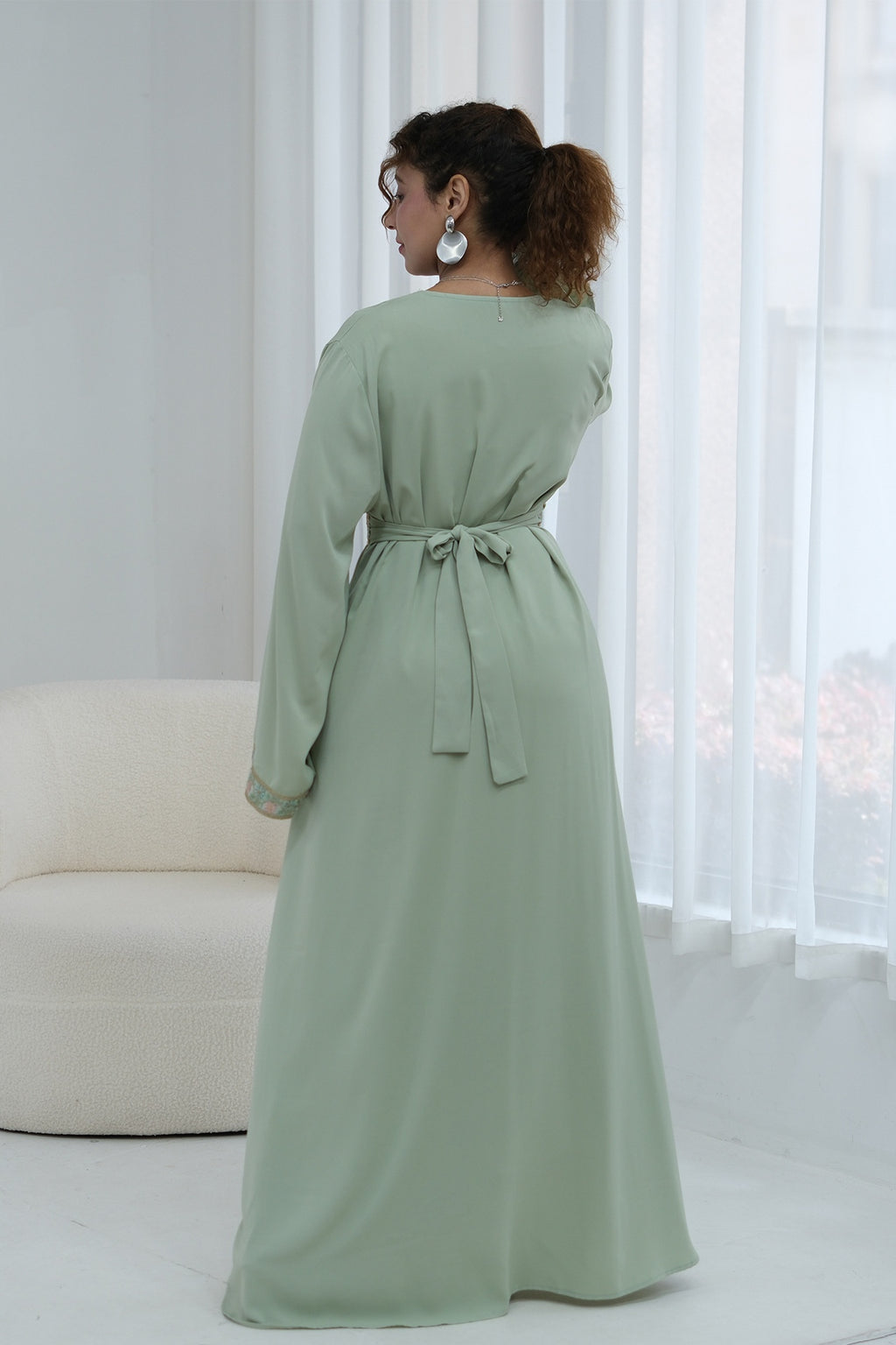 Elara Embroidered Belted V Neck Abaya-Green