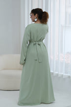Elara Embroidered Belted V Neck Abaya-Green