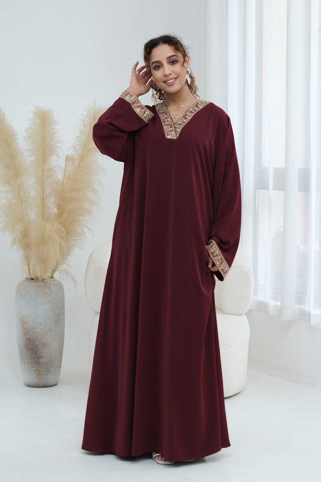 Elara Embroidered Belted V Neck Abaya-Red