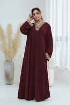 Elara Embroidered Belted V Neck Abaya-Red