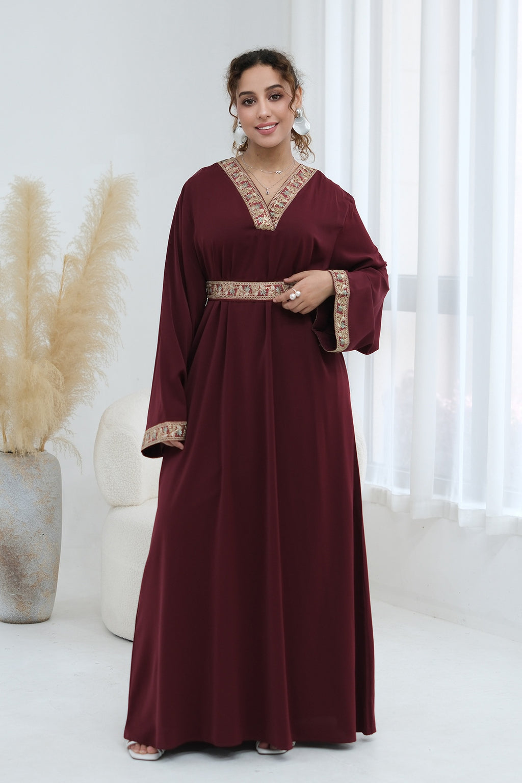 Elara Embroidered Belted V Neck Abaya-Red