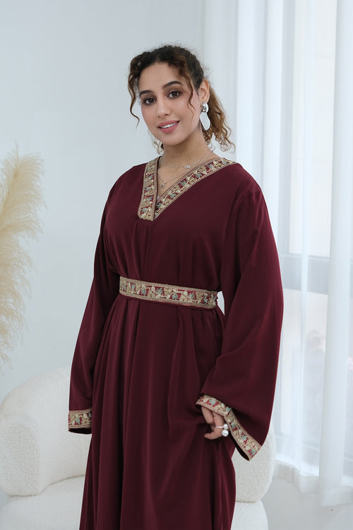 Elara Embroidered Belted V Neck Abaya-Red