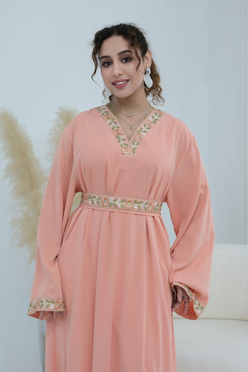 Elara Embroidered Belted V Neck Abaya-Pink