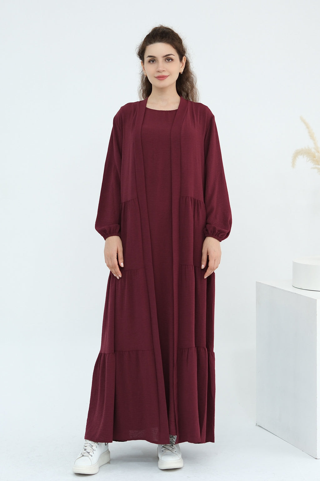 Hazel Tiered Dress And Open Outer Coat Set-Red