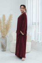 Elara Embroidered Belted V Neck Abaya-Red